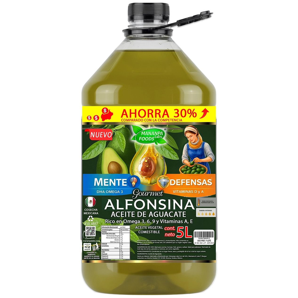 Aceite De Aguacate Alfonsina By Mananpa Labs® Mente y Defensas, 5 Litros, prensado en frío, ideal para aderezar y cocinar carnes, pollos, pescados y mariscos, libre de gluten y conservadores